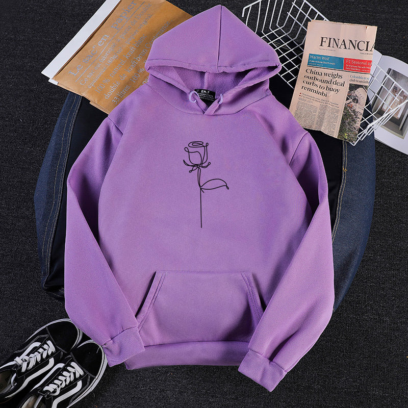 Unisex nan Kapuzenpullover mit minimalistischer Rosenlinien-Illustration, Kängurutasche und angerautem Innenfutter EB