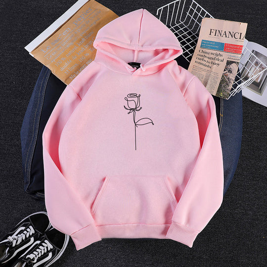 Unisex nan Kapuzenpullover mit minimalistischer Rosenlinien-Illustration, Kängurutasche und angerautem Innenfutter EB
