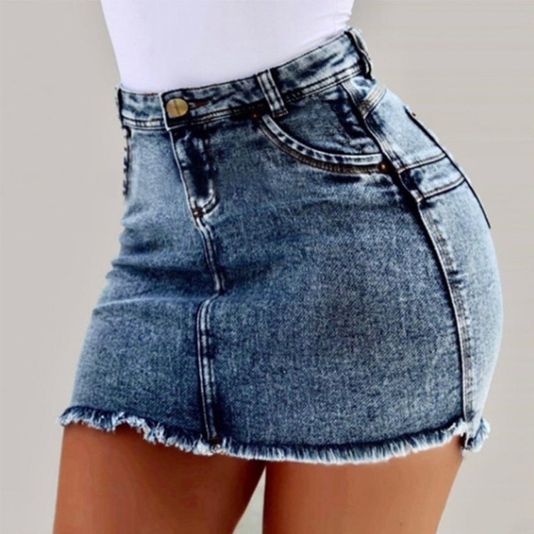 Damen Denimrock mit hohem Bund und fransigem Saum EB