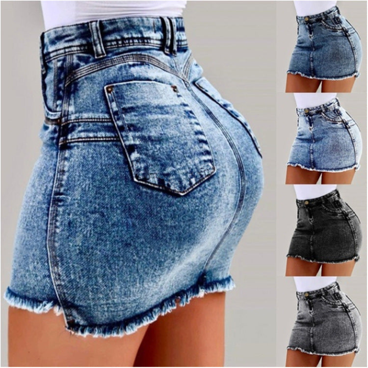 Damen Denimrock mit hohem Bund und fransigem Saum EB