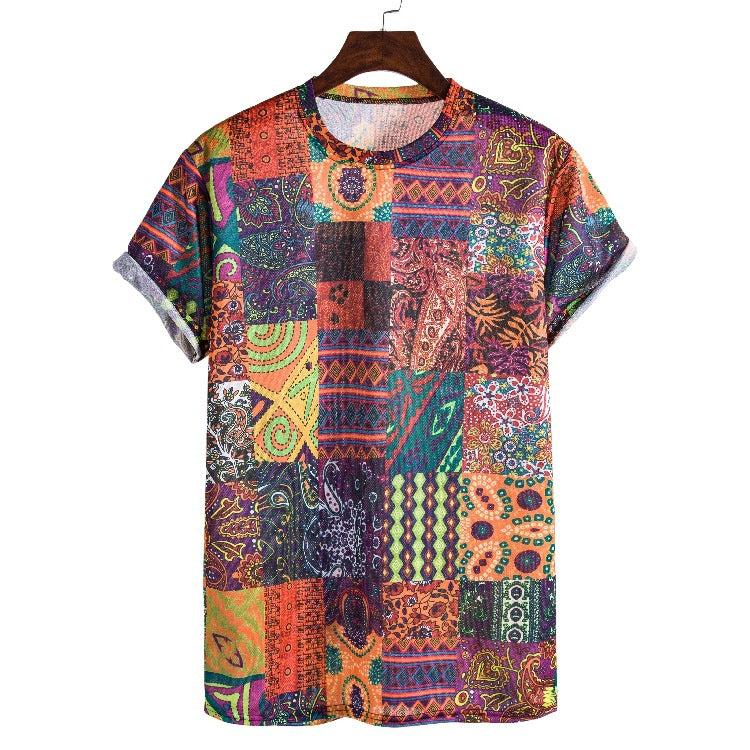Herren Kurzarmhemd mit buntem Patchwork-Design und lässiger Passform EB