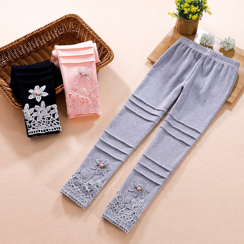 Mädchen modische Leggings mit floralem Spitzenbesatz EB