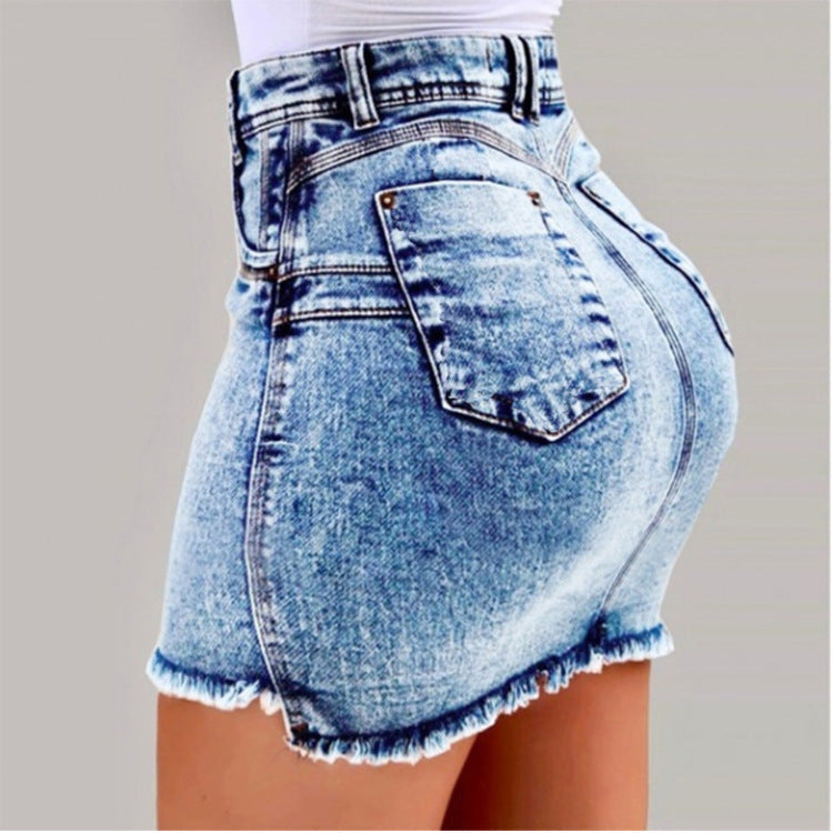 Damen Denimrock mit hohem Bund und fransigem Saum EB