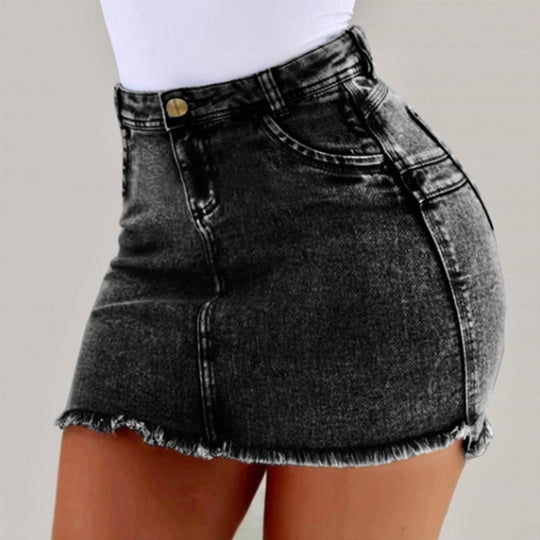 Damen Denimrock mit hohem Bund und fransigem Saum EB