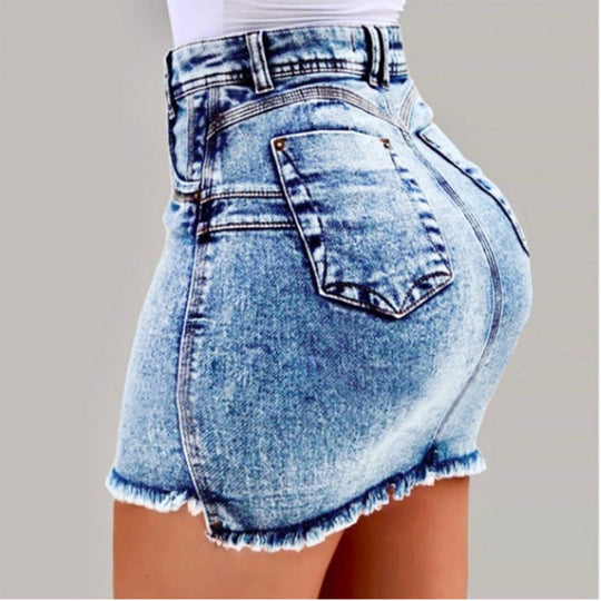 Damen Denimrock mit hohem Bund und fransigem Saum EB