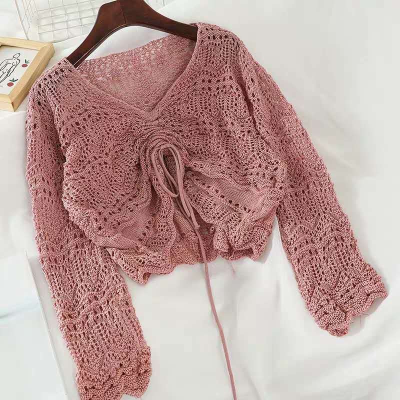 Damen Strickbluse mit dekorativem Lochmuster und verstellbarem Kordelzug EB