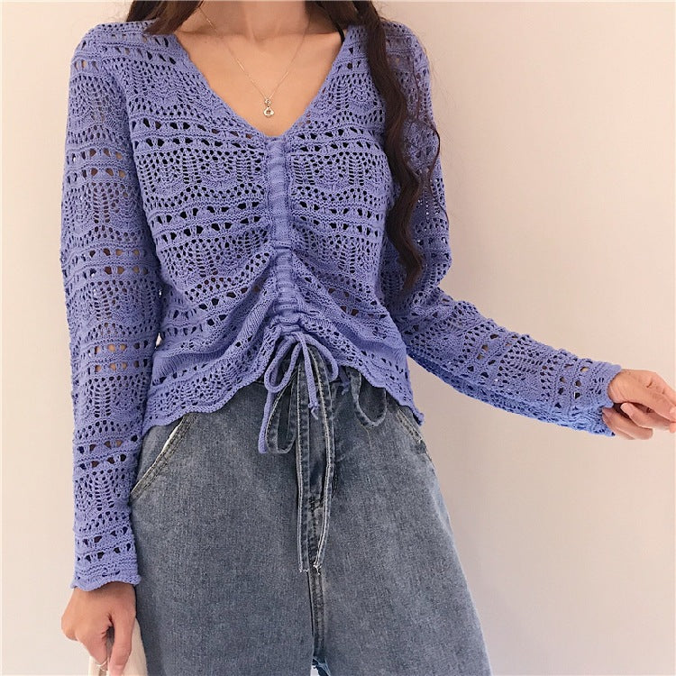 Damen Strickbluse mit dekorativem Lochmuster und verstellbarem Kordelzug EB