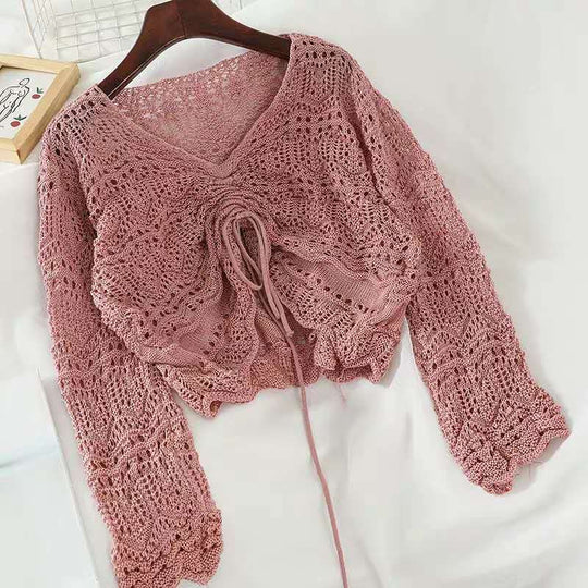 Damen Strickoberteil mit trendigem Lochmuster und verstellbarem Kordelzug EB