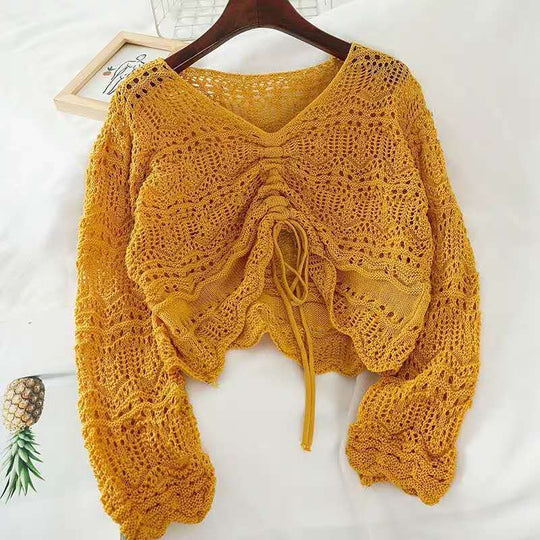 Damen Strickoberteil mit trendigem Lochmuster und verstellbarem Kordelzug EB
