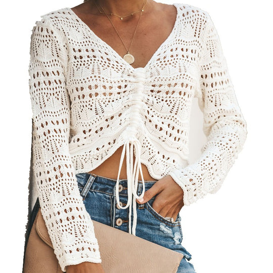 Damen Strickoberteil mit trendigem Lochmuster und verstellbarem Kordelzug EB