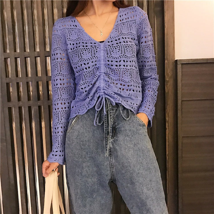 Damen Strickoberteil mit trendigem Lochmuster und verstellbarem Kordelzug EB
