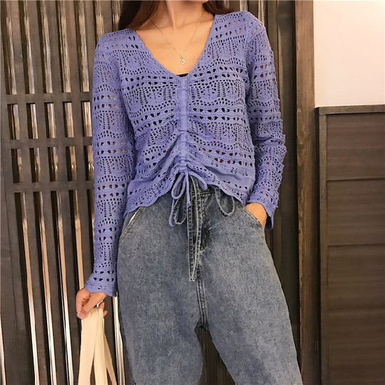 Damen Strickoberteil mit trendigem Lochmuster und verstellbarem Kordelzug EB