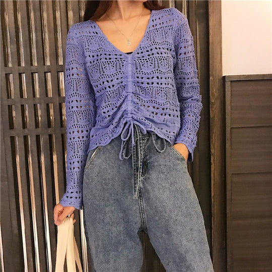 Damen Strickbluse mit dekorativem Lochmuster und verstellbarem Kordelzug EB