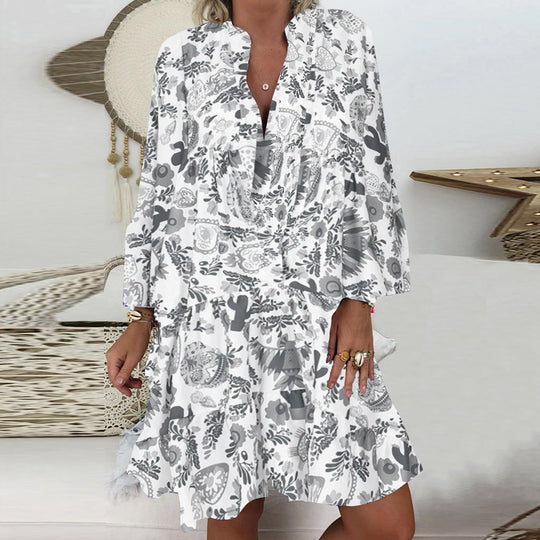 Damen nan A-Linien-Tunika-Minikleid mit V-Ausschnitt, stufigem Volant und Boho-Bandana-Print EB