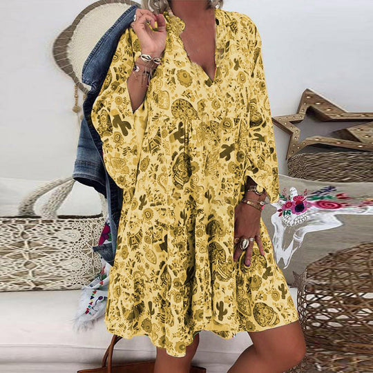 Damen nan A-Linien-Tunika-Minikleid mit V-Ausschnitt, stufigem Volant und Boho-Bandana-Print EB