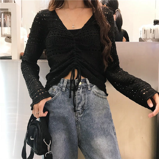 Damen Strickoberteil mit trendigem Lochmuster und verstellbarem Kordelzug EB