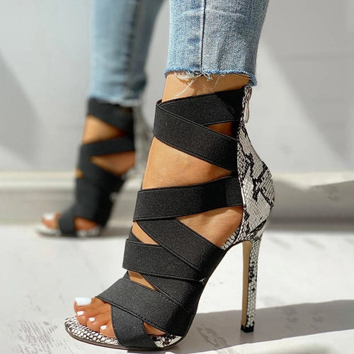 Damen elegante Stilettos mit verstellbaren Riemen und Schlangenleder-Optik EB
