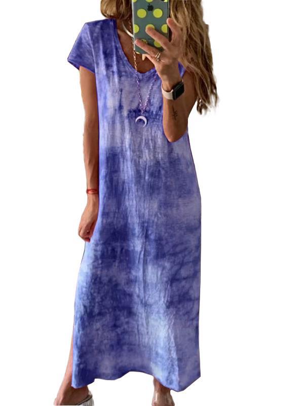 Damen Maxikleid mit kreativem Batikdesign und V-Ausschnitt EB
