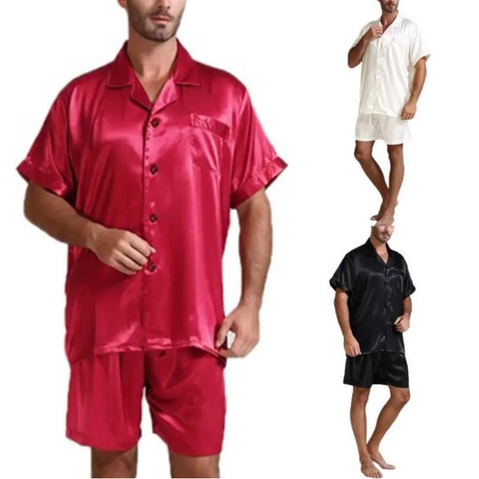 Unisex nan seidig-glänzendes Kurzarm-Pyjama-Set mit Hemdkragen und elastischem Bund EB