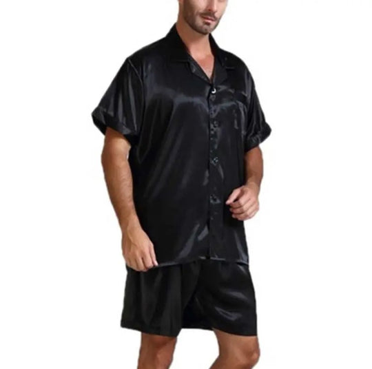 Unisex nan seidig-glänzendes Kurzarm-Pyjama-Set mit Hemdkragen und elastischem Bund EB