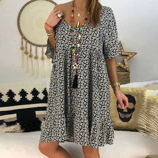 Damen lässiges Freizeitkleid mit voluminösen Ärmeln und tiefem V-Ausschnitt EB