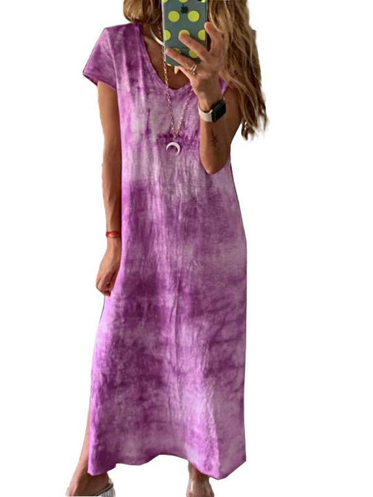 Damen Maxikleid mit kreativem Batikdesign und V-Ausschnitt EB
