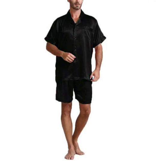 Unisex nan seidig-glänzendes Kurzarm-Pyjama-Set mit Hemdkragen und elastischem Bund EB