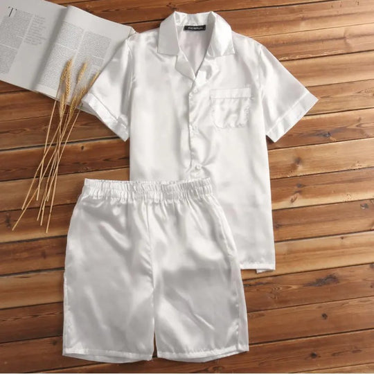 Unisex nan seidig-glänzendes Kurzarm-Pyjama-Set mit Hemdkragen und elastischem Bund EB