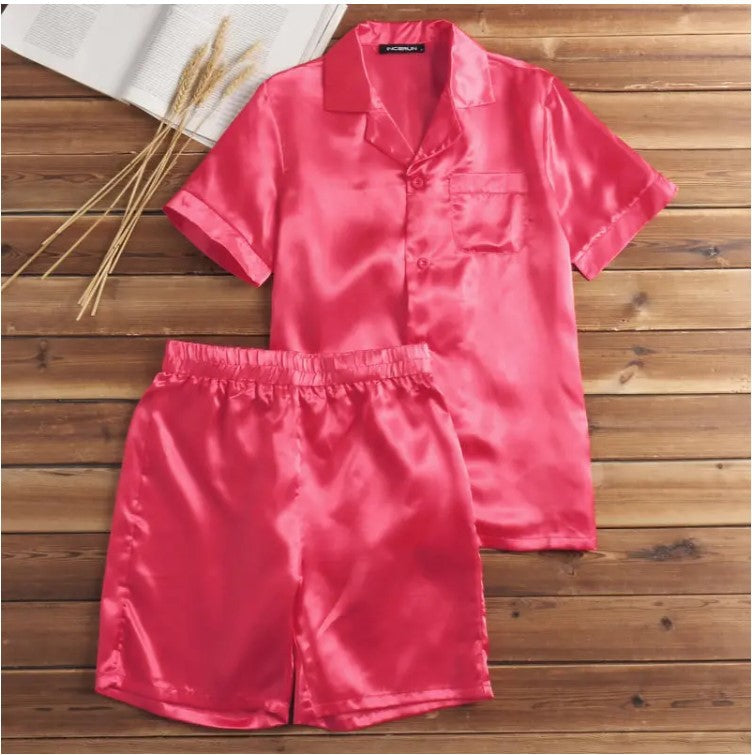 Unisex nan seidig-glänzendes Kurzarm-Pyjama-Set mit Hemdkragen und elastischem Bund EB