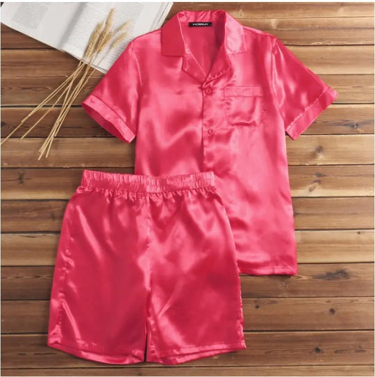 Unisex nan seidig-glänzendes Kurzarm-Pyjama-Set mit Hemdkragen und elastischem Bund EB