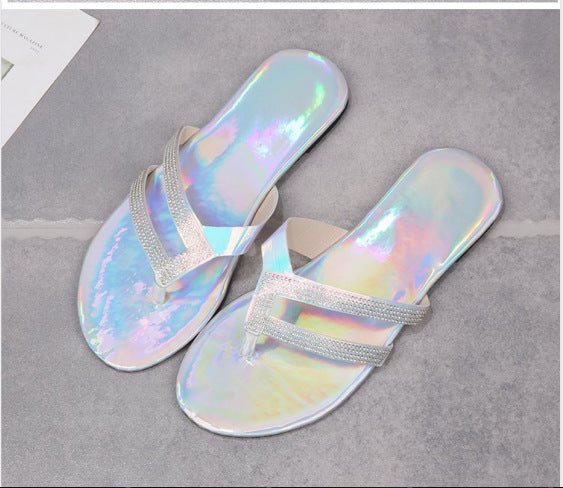 Damen Glamouröse Zehentrenner-Sandalen mit schimmernden Riemen und bequemem Fußbett EB