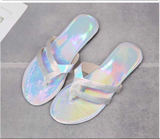 Damen Glamouröse Zehentrenner-Sandalen mit schimmernden Riemen und bequemem Fußbett EB