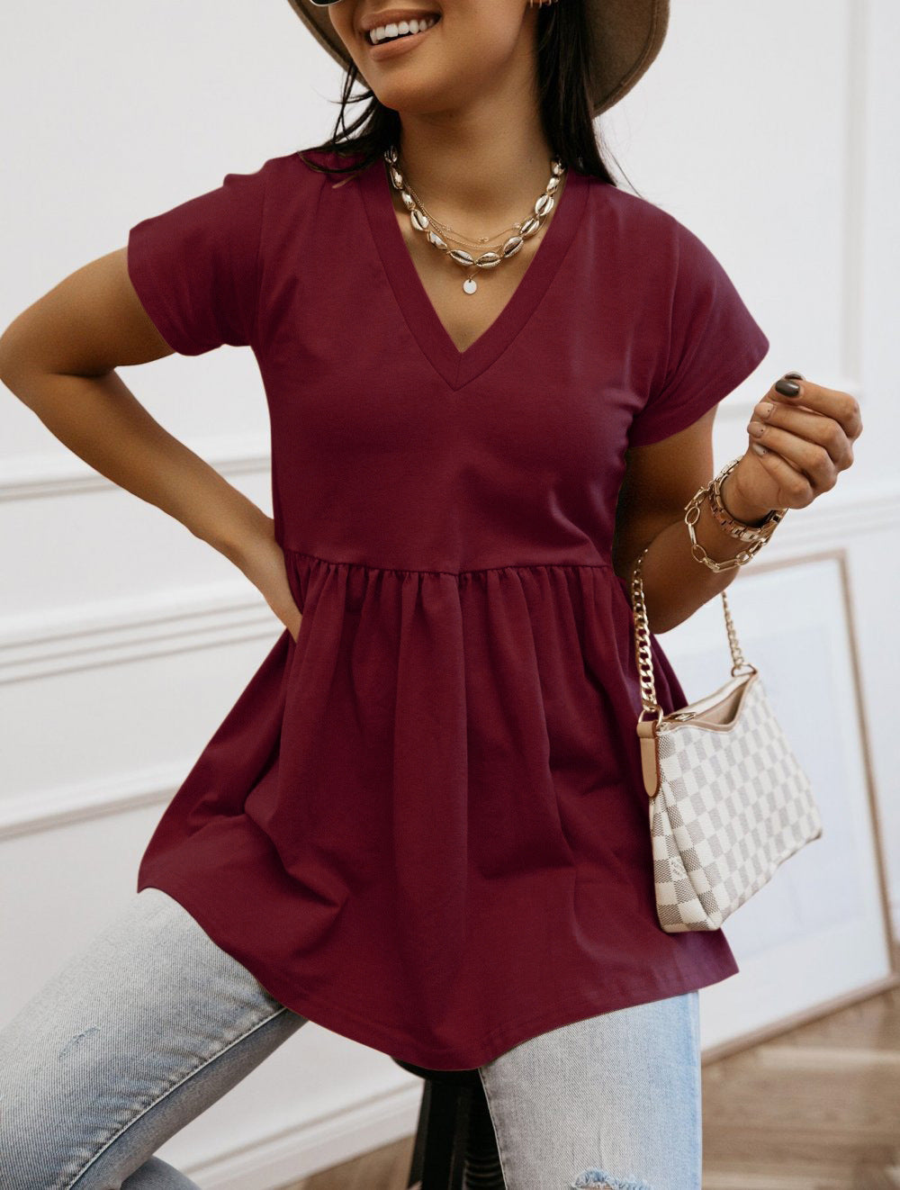 Damen Tunika mit elegantem V-Ausschnitt und fließendem Schnitt EB
