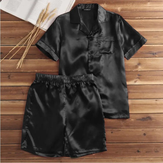 Unisex nan seidig-glänzendes Kurzarm-Pyjama-Set mit Hemdkragen und elastischem Bund EB
