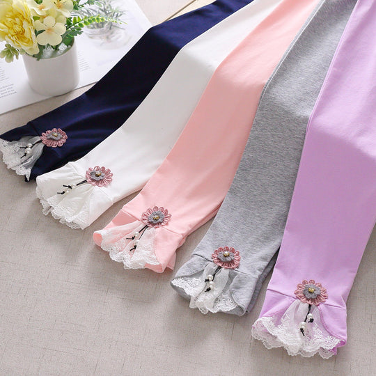 Mädchen Leggings mit bezauberndem Blumen- und Spitzenbesatz EB