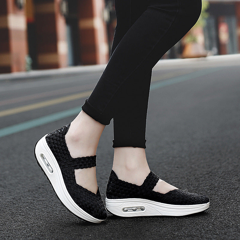 Damen nan gewebter Mary-Jane-Sneaker mit elastischem Flechtoberteil, Klettverschluss und luftgepolsterter Plateausohle EB