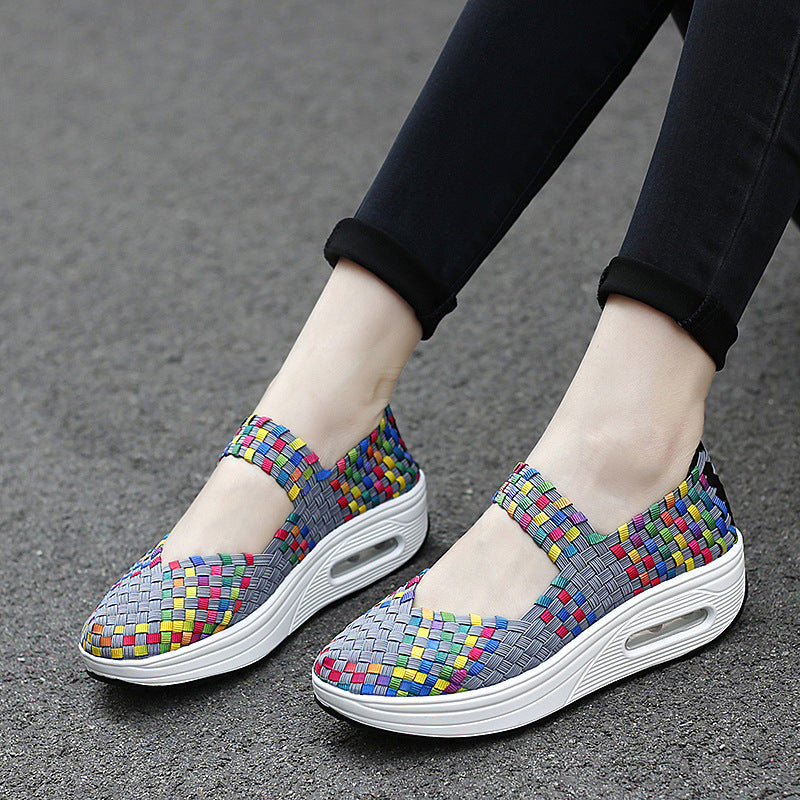 Damen nan gewebter Mary-Jane-Sneaker mit elastischem Flechtoberteil, Klettverschluss und luftgepolsterter Plateausohle EB