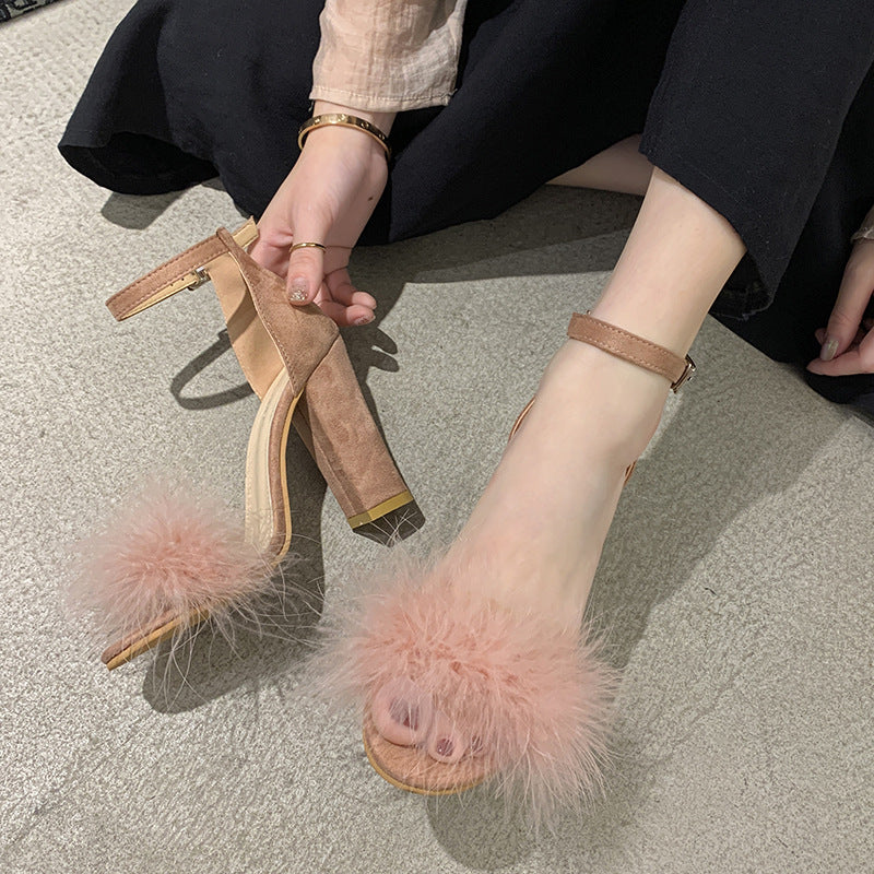 Damen elegante High Heel Sandalen mit flauschigem Dekor EB