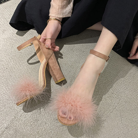 Damen elegante High Heel Sandalen mit flauschigem Dekor EB