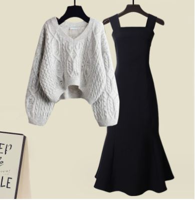 EB | Zweiteiliges Satz Aus Hochwertigem Kreuzstrickpullover und Fishtail Kleid