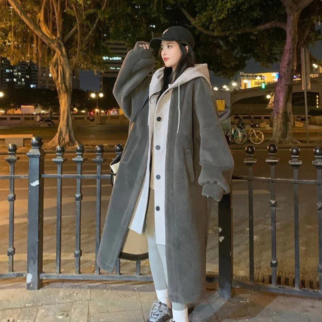 EB | Winter Lange Kapuzen Oversize Jacke Knopf Leiste