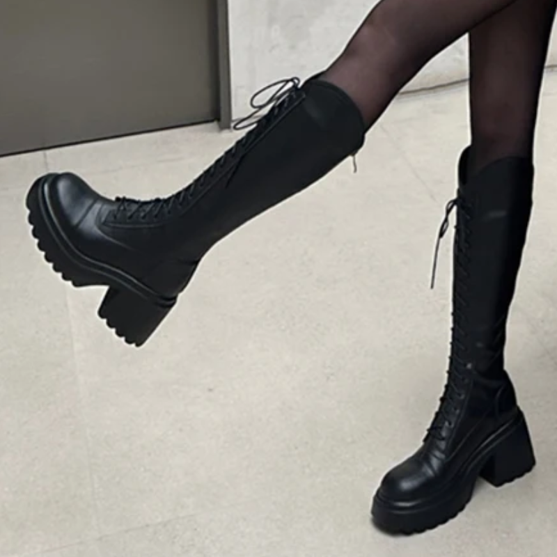 EB | Hohe Stiefel Damenstiefel mit Schnürung und Robuster Ferse
