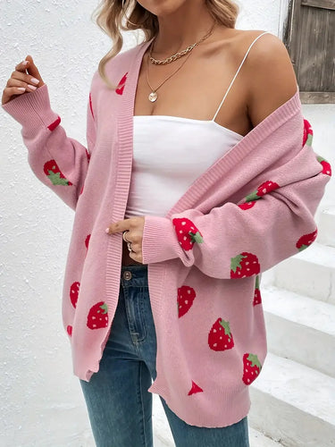 EB | Strickjacke Übergröße Passform Gestrickte Textur Hüftlänge Verspieltes Muster