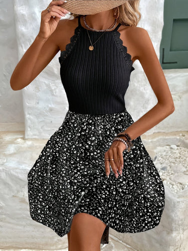EB | Elegantes Kleid mit Blumenmuster und Spitze Halter Ohne Ärmel Sommer