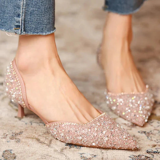 EB | Stilvolle Schuhe mit Spitzer Zehe und Mittlerem Absatz mit Glitzeroberfläche
