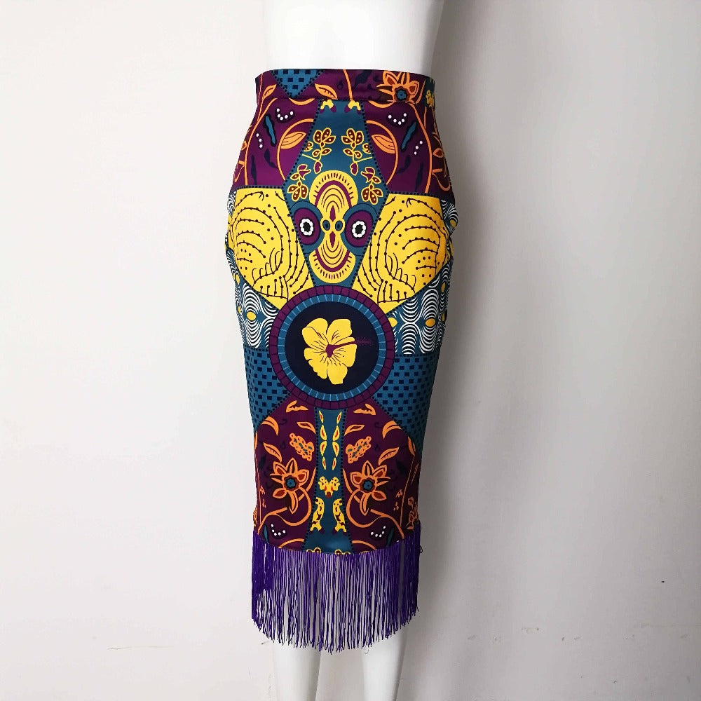 Damen eleganter Rock mit Fransen und außergewöhnlichem Print EB