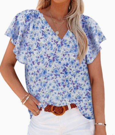 Damen Bluse mit floralem Muster und tiefem V-Ausschnitt EB