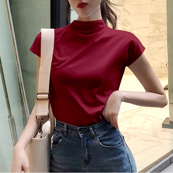 Damen modernes Kurzarm-Oberteil mit hohem Stehkragen und strukturiertem Design EB