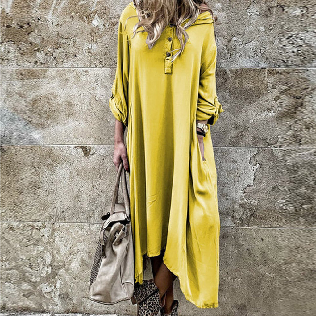 Damen komfortables Langarmkleid mit Knopfleiste und Seitentaschen EB