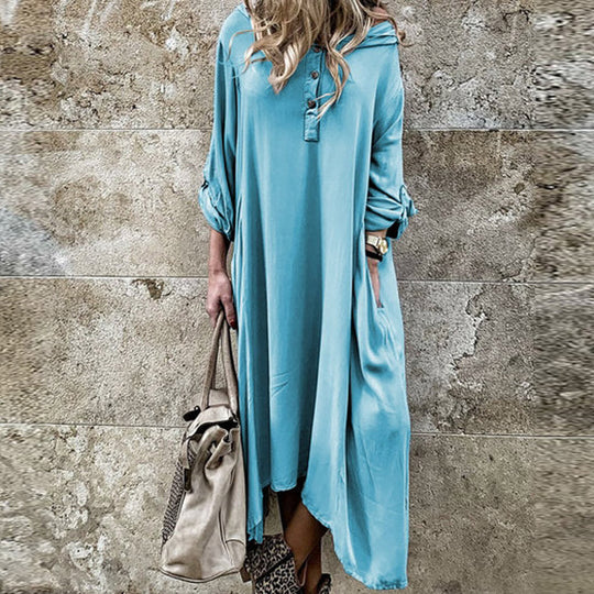 Damen komfortables Langarmkleid mit Knopfleiste und Seitentaschen EB